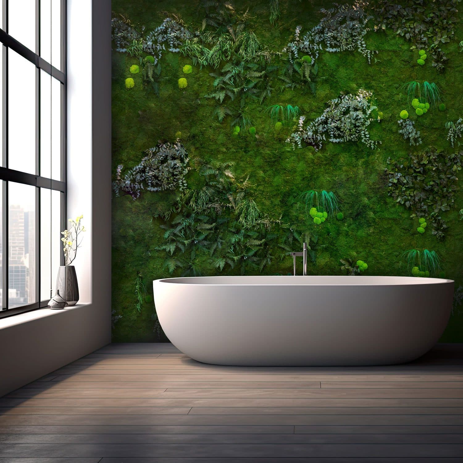 Badezimmer mit raumhoher Mooswand aus verschiedenen Grüntönen neben einer freistehenden Badewanne